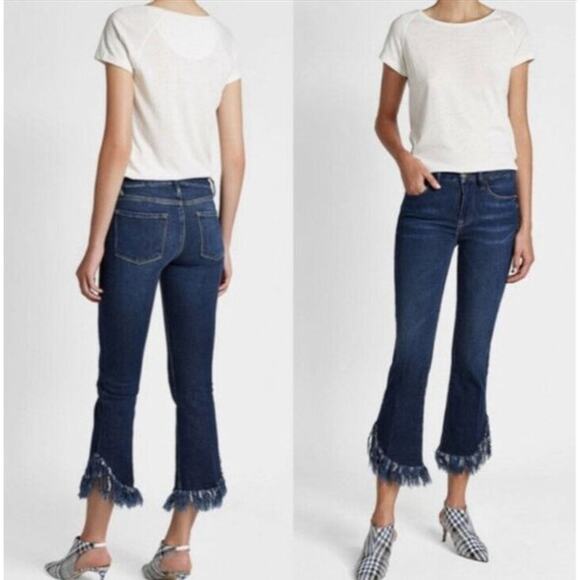 Frame Le Crop Mini Boot Jean US 26 Fringe Shredded Hem Blue Dark Wash Boho - Picture 12 of 14